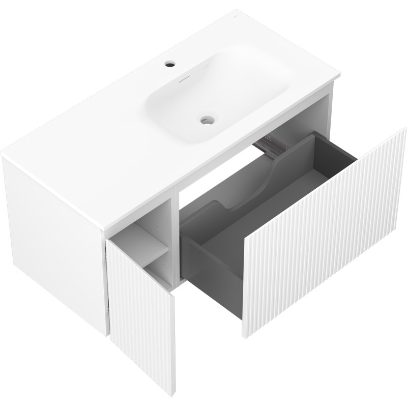 Mexen Rivel armoire de salle de bain 100 cm avec lavabo Vela à droite, 1 tiroir, 1 porte, rainurée, blanc mat