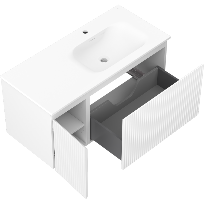 Mexen Rivel meuble de salle de bain 100 cm avec lavabo Vela à droite, 1S, 1D, rainuré, blanc mat - 91A23-10047-3-BBFF01-W23P01