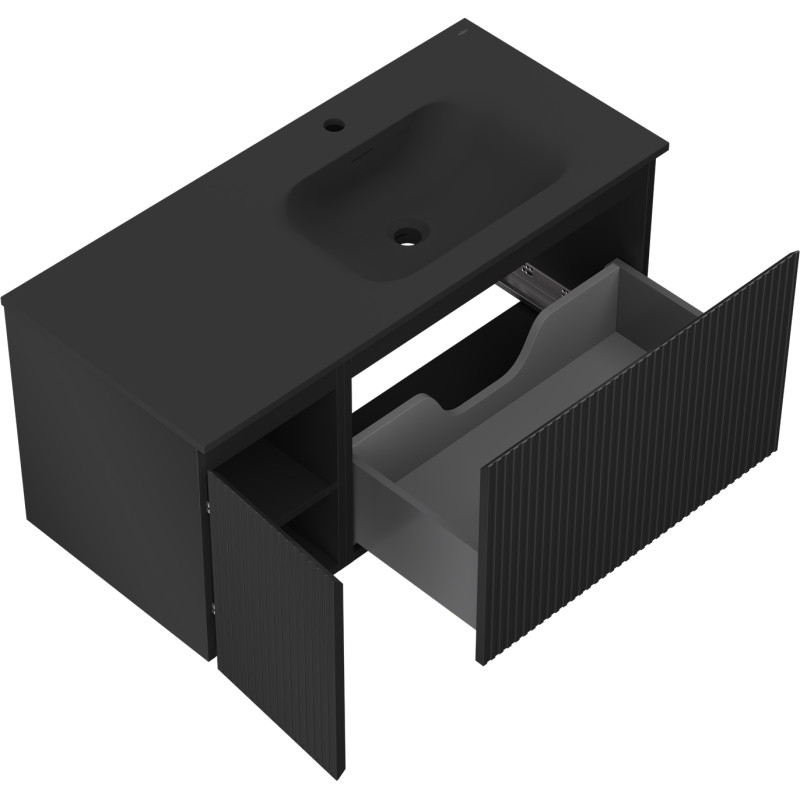 Mexen Rivel meuble de salle de bain 100 cm avec lavabo Vela à droite, 1S, 1D, rainuré, noir mat - 91A23-10047-3-BBFF71-W23P71