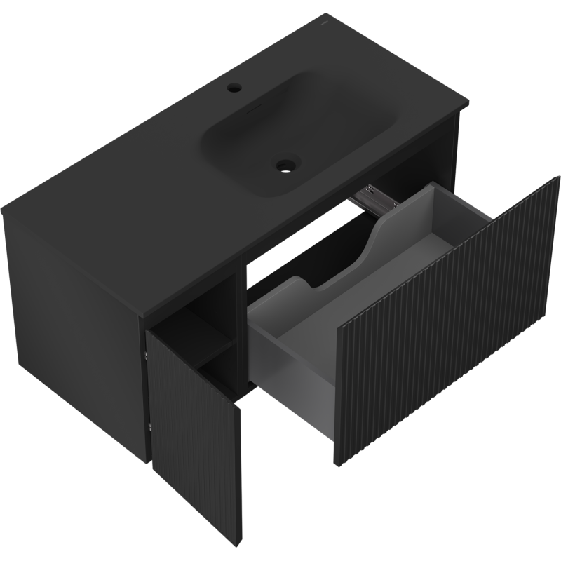Mexen Rivel meuble de salle de bain 100 cm avec lavabo Vela droit, 1S, 1D, rainuré, noir mat - 91A23-10047-3-BBFF71-W23P71
