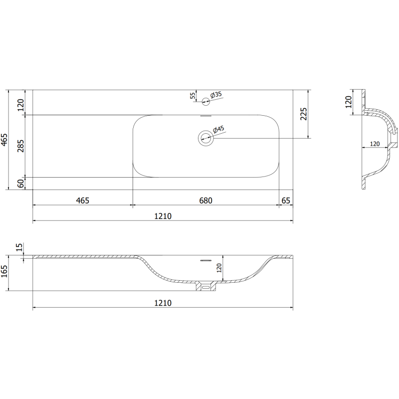 Mexen Rivel armoire de salle de bain 120 cm avec lavabo Vela droit, 1S, 1D, cannelée, graphite/blanc mat