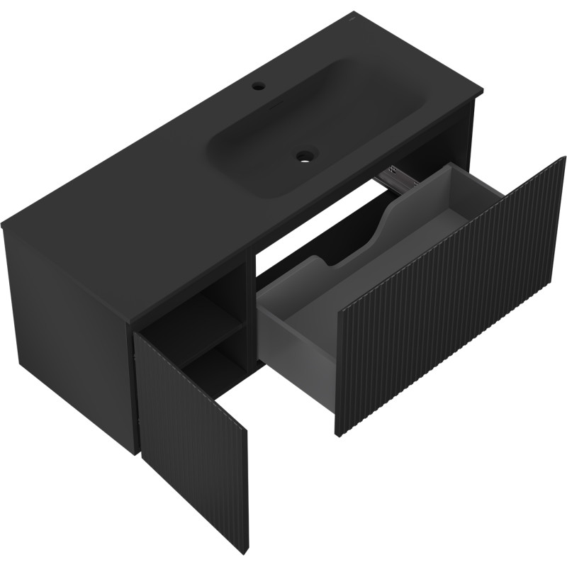 Mexen Rivel armoire de salle de bain 120 cm avec lavabo Vela droit, 1S, 1D, cannelée, noir mat - 91A23-12047-3-BBFF71-W23P71