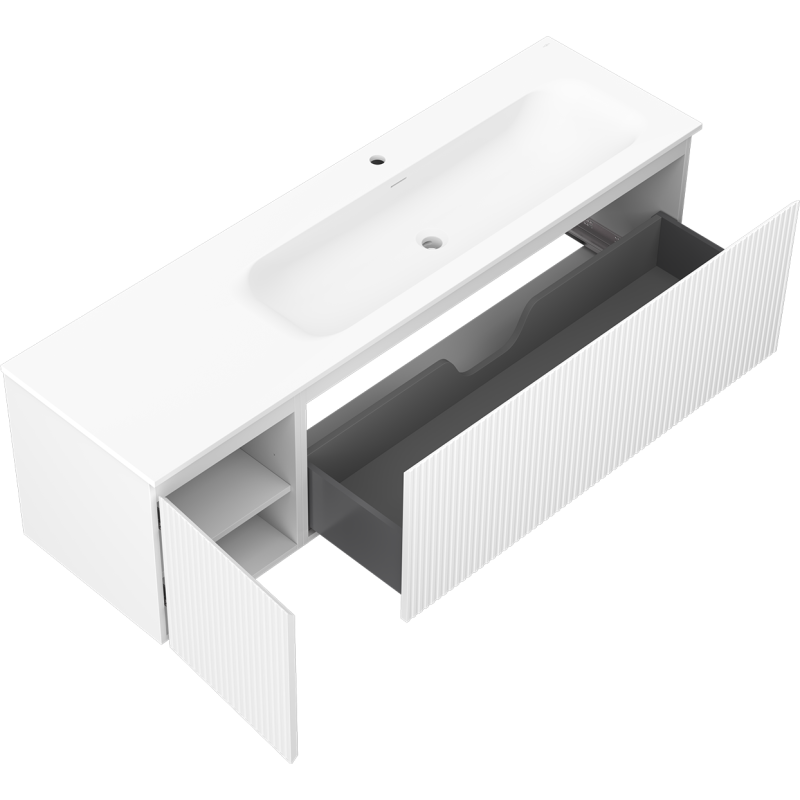 Mexen Rivel meuble de salle de bains 160 cm avec lavabo Vela droit, 1S, 1D, rainuré, blanc mat - 91A23-16047-3-BBFF01-W23P01