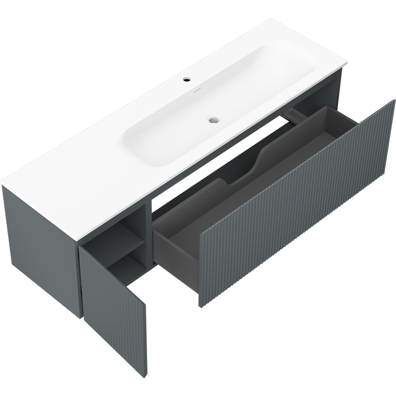 Mexen Rivel meuble de salle de bain 160 cm avec lavabo Vela à droite, 1S, 1D, rainuré, graphite/blanc mat