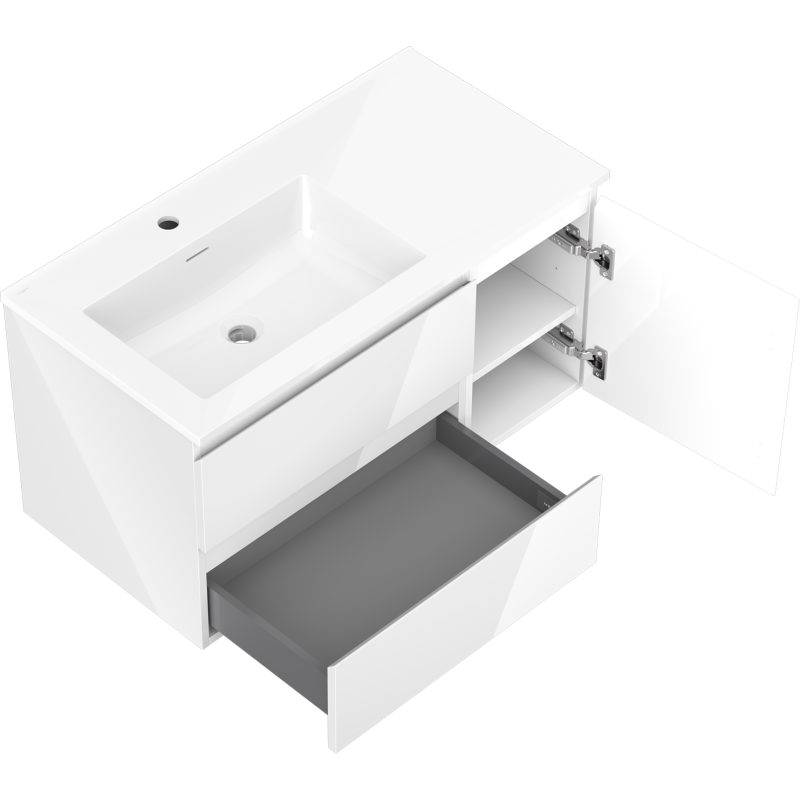 Mexen Orio armoire de salle de bain 90 cm avec lavabo Otis gauche, 2T, 1P, blanc brillant - 91A13-09047-3-BBFFF00-W18L00