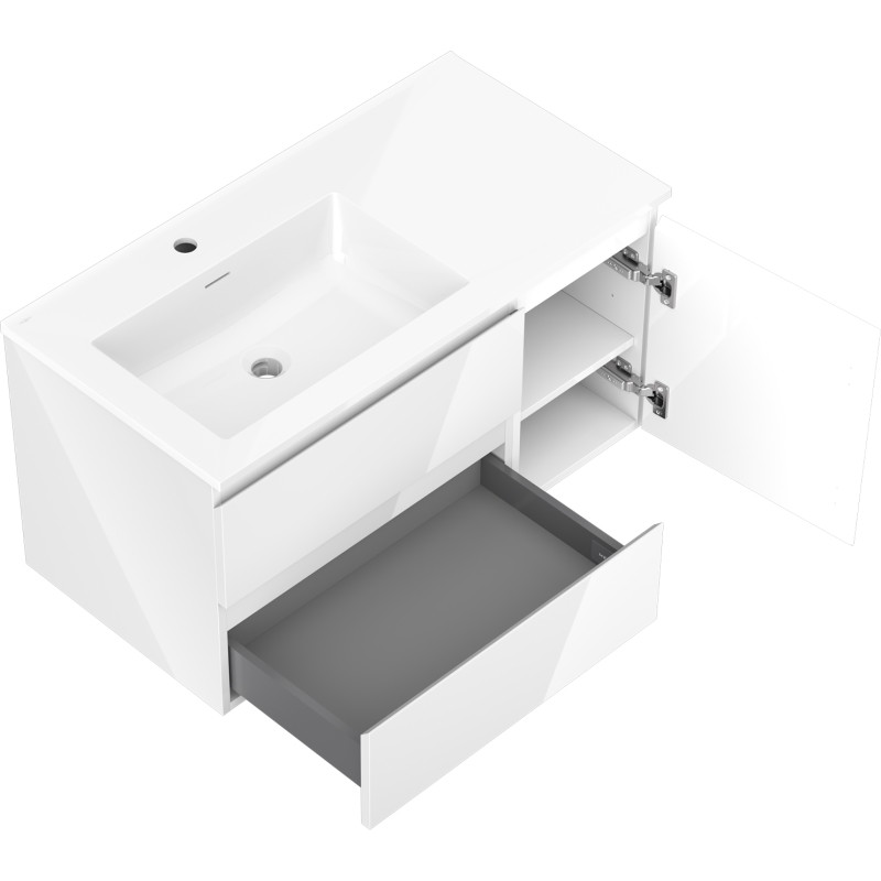 Mexen Orio meuble de salle de bain 90 cm avec lavabo Otis gauche, 2S, 1D, blanc brillant - 91A13-09047-3-BBFFF00-W18L00