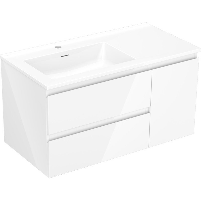 Mexen Orio meuble de salle de bain 90 cm avec lavabo Otis gauche, 2S, 1D, blanc brillant - 91A13-09047-3-BBFFF00-W18L00