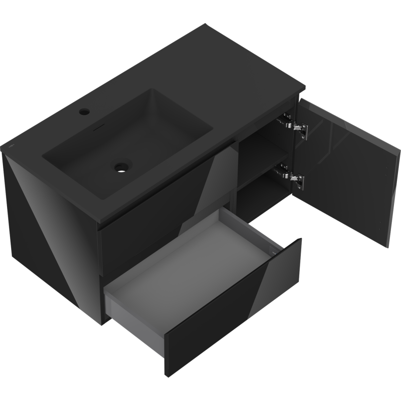 Mexen Orio armoire de salle de bain 90 cm avec lavabo Otis gauche, 2S, 1P, noir brillant/noir mat - 91A13-09047-3-BBFFF70-W18L71