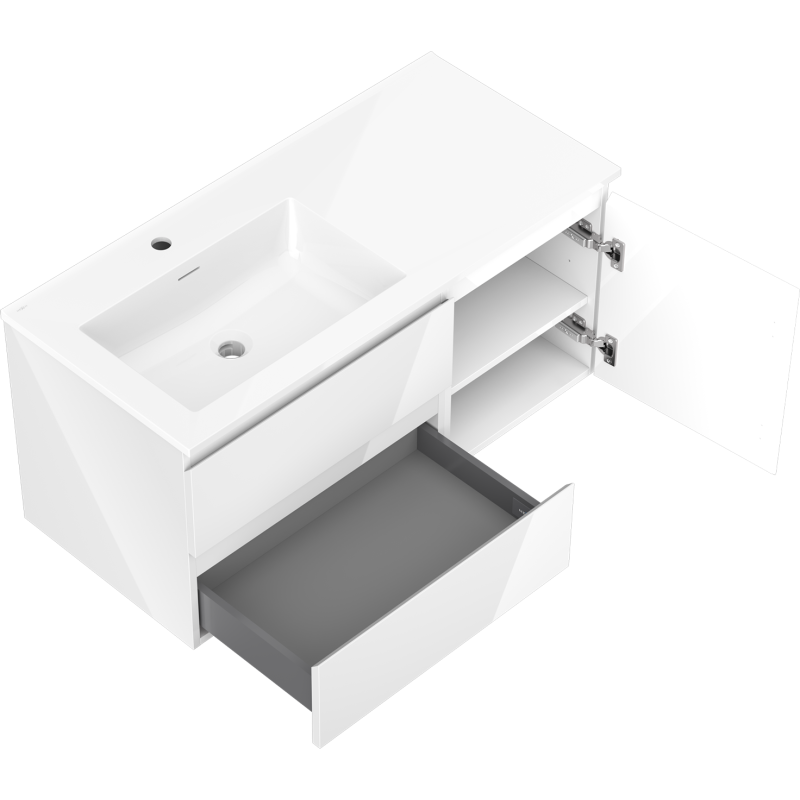 Mexen Orio meuble de salle de bain 100 cm avec lavabo Otis gauche, 2S, 1D, blanc brillant - 91A13-10047-3-BBFFF00-W18L00