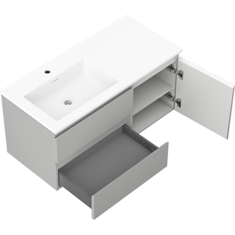 Mexen Orio armoire de salle de bain 100 cm avec lavabo Otis à gauche, 2 tiroirs, 1 porte, gris mat/blanc mat
