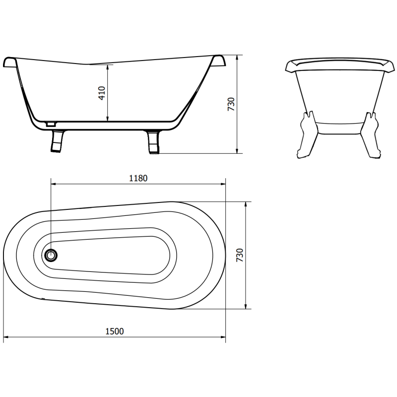 Mexen Retro baignoire autoportante 150 x 73 cm, blanche, pieds chromés - 53251507300-00