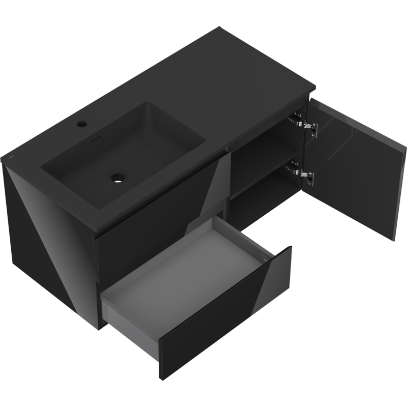 Mexen Orio armoire de salle de bain 100 cm avec lavabo Otis gauche, 2S, 1D, noir brillant/noir mat