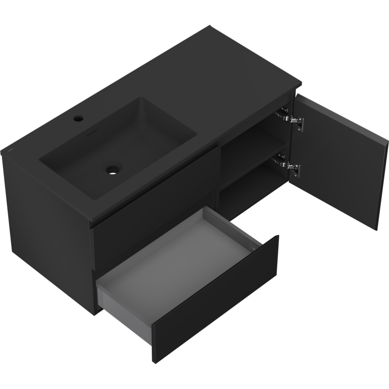 Mexen Orio meuble de salle de bain 100 cm avec lavabo Otis gauche, 2S, 1D, noir mat - 91A13-10047-3-BBFFF71-W18L71