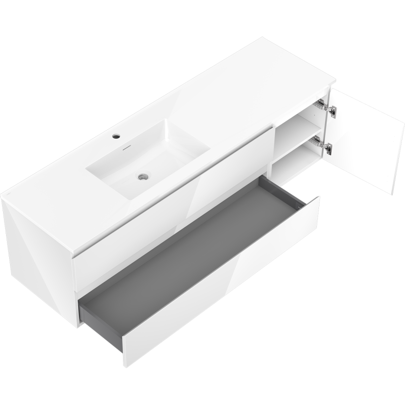 Mexen Orio meuble de salle de bain 160 cm avec lavabo Otis gauche, 2S, 1D, blanc brillant - 91A13-16047-3-BBFFF00-W18L00