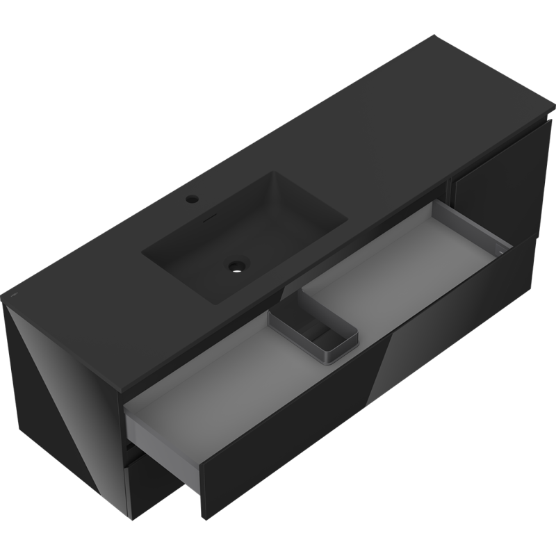 Mexen Orio meuble de salle de bain 160 cm avec vasque Otis gauche, 2T, 1P, noir brillant/noir mat - 91A13-16047-3-BBFFF70-W18L71