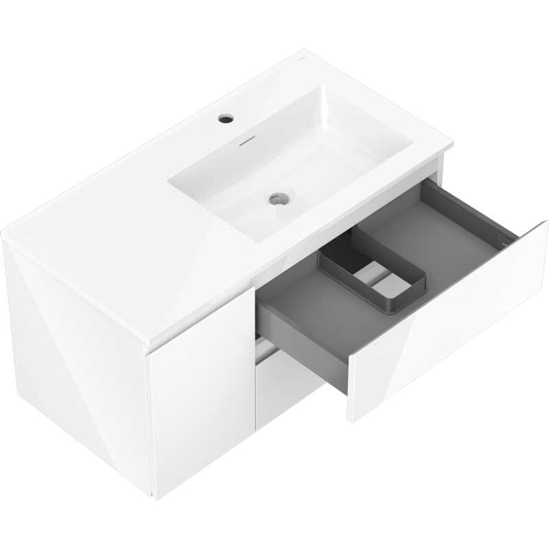 Mexen Orio meuble de salle de bain 90 cm avec lavabo Otis droit, 2S, 1D, blanc brillant - 91A13-09047-3-BBFFF00-W18P00