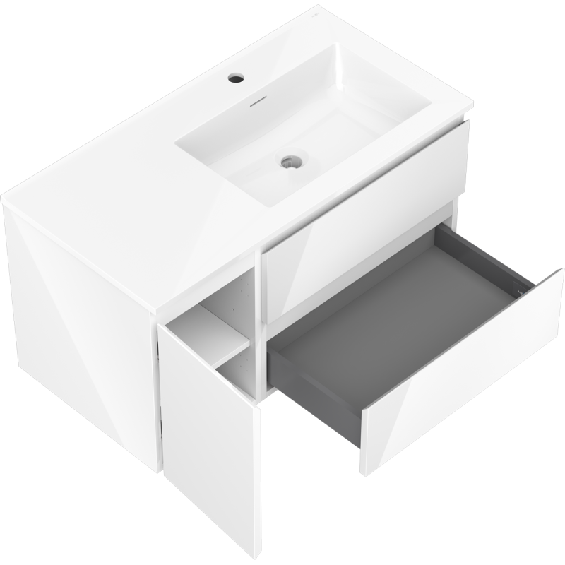 Mexen Orio meuble de salle de bain 90 cm avec lavabo Otis droit, 2S, 1D, blanc brillant - 91A13-09047-3-BBFFF00-W18P00