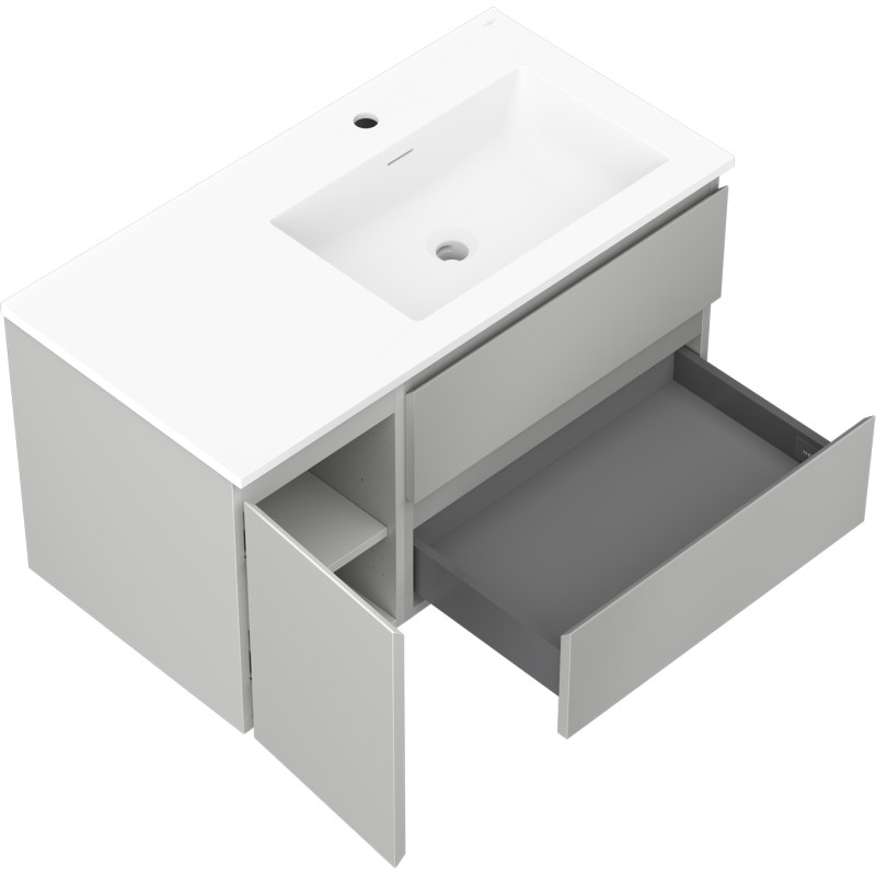 Mexen Orio meuble de salle de bain 90 cm avec lavabo Otis à droite, 2 tiroirs, 1 porte, gris mat/blanc mat