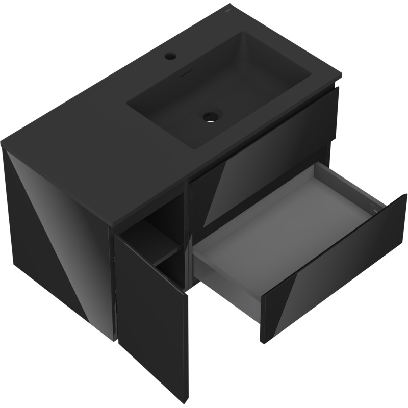 Mexen Orio armoire de salle de bain 90 cm avec lavabo Otis droit, 2S, 1D, noir brillant/noir mat - 91A13-09047-3-BBFFF70-W18P71