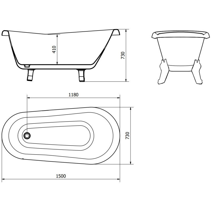 Mexen Retro baignoire autoportante 150 x 73 cm, blanche/noire, pieds dorés - 53251507375-50