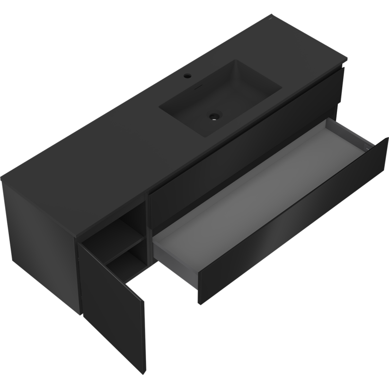 Mexen Orio meuble de salle de bain 160 cm avec lavabo Otis à droite, 2S, 1D, noir mat - 91A13-16047-3-BBFFF71-W18P71