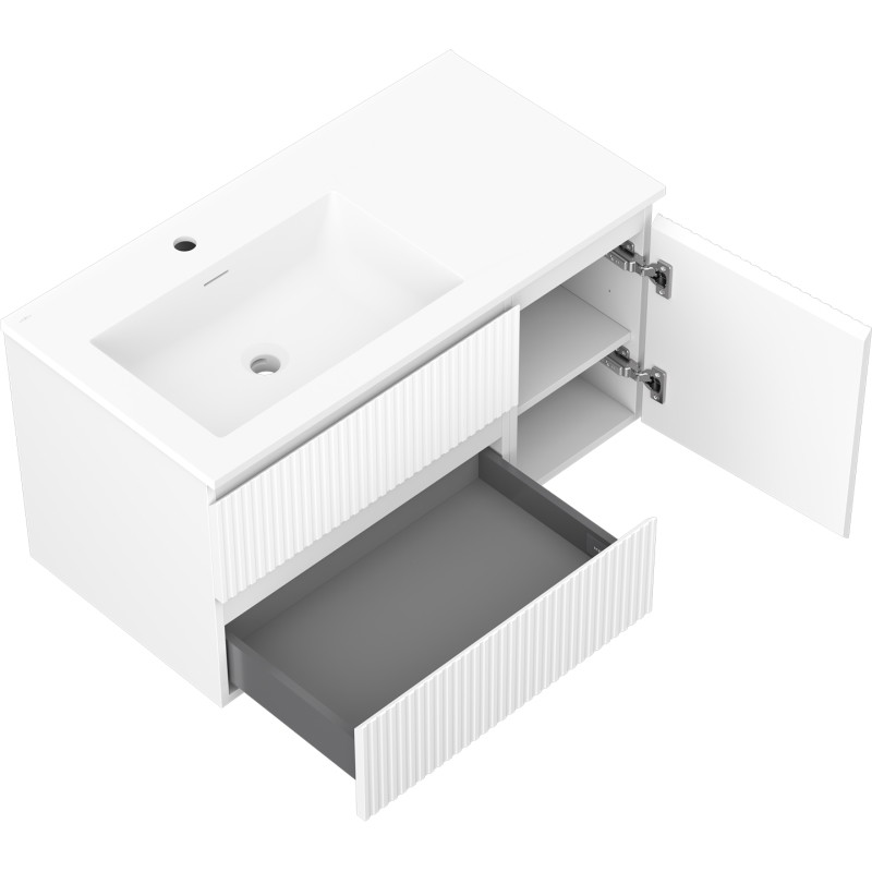 Mexen Rivel armoire de salle de bain 90 cm avec lavabo Otis gauche, 2S, 1D, rainurée, blanc mat - 91A23-09047-3-BBFFF01-W18L01