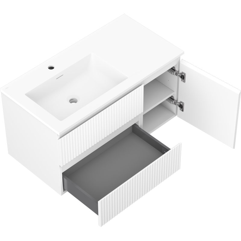Mexen Rivel meuble de salle de bains 90 cm avec lavabo Otis gauche, 2S, 1D, rainuré, blanc mat - 91A23-09047-3-BBFFF01-W18L01