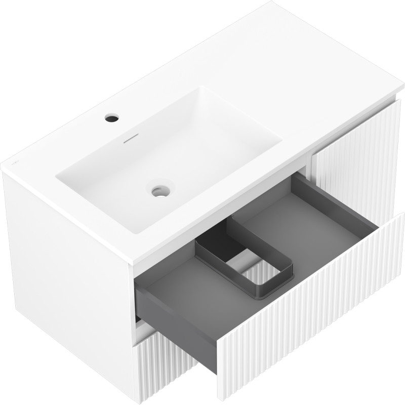 Mexen Rivel armoire de salle de bain 90 cm avec lavabo Otis gauche, 2S, 1D, rainurée, blanc mat - 91A23-09047-3-BBFFF01-W18L01