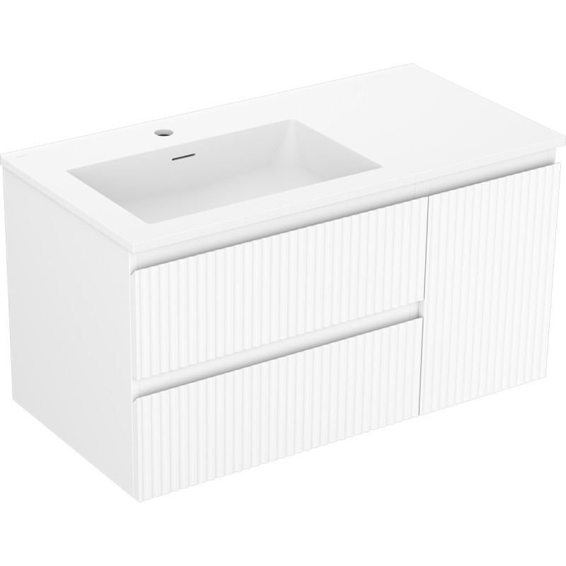 Mexen Rivel armoire de salle de bain 90 cm avec lavabo Otis gauche, 2S, 1D, rainurée, blanc mat - 91A23-09047-3-BBFFF01-W18L01