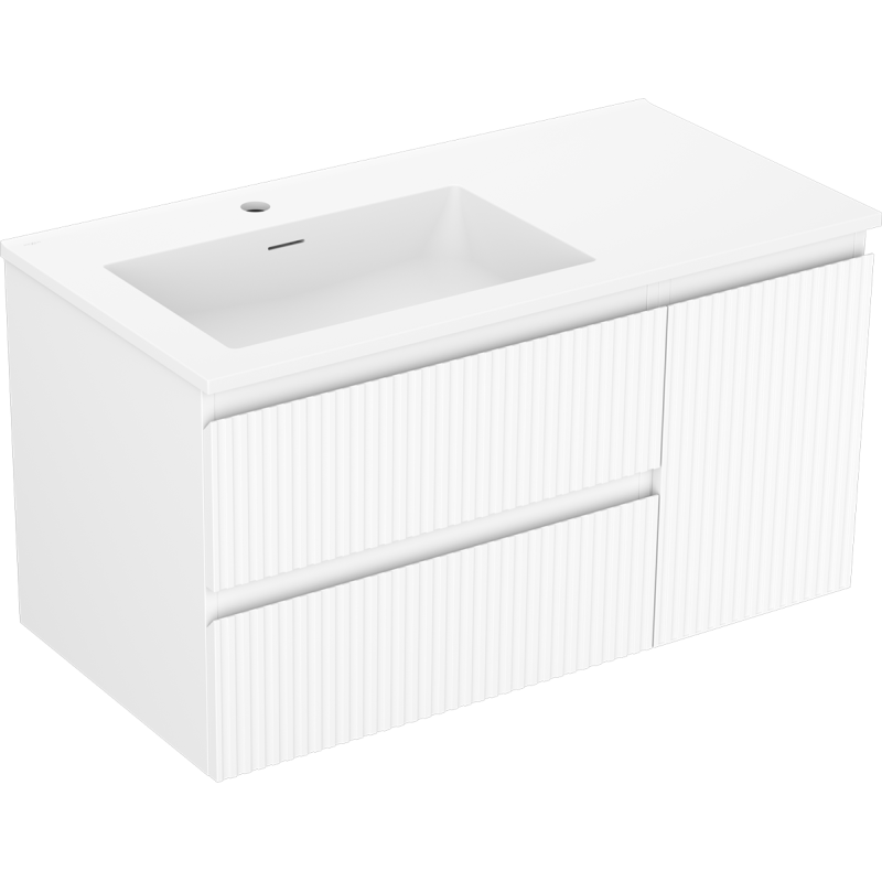 Mexen Rivel meuble de salle de bains 90 cm avec lavabo Otis gauche, 2S, 1D, rainuré, blanc mat - 91A23-09047-3-BBFFF01-W18L01