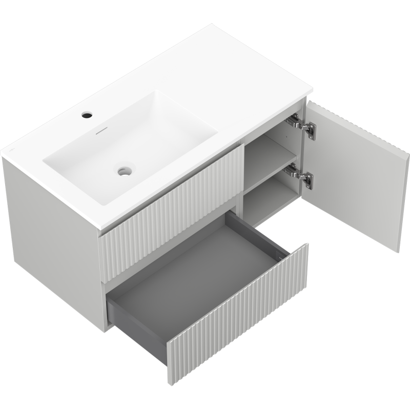 Mexen Rivel meuble de salle de bains 90 cm avec lavabo Otis gauche, 2S, 1D, rainuré, gris mat/blanc mat