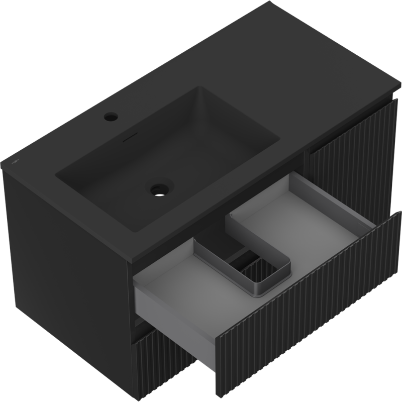 Mexen Rivel meuble de salle de bain 90 cm avec lavabo Otis gauche, 2S, 1D, rainuré, noir mat - 91A23-09047-3-BBFFF71-W18L71