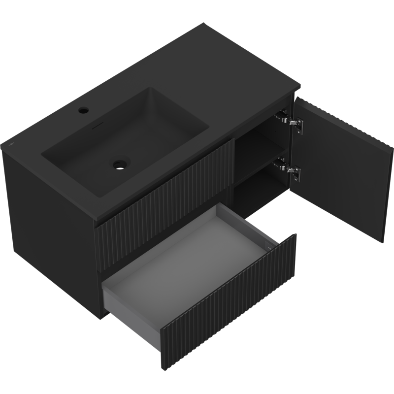 Mexen Rivel meuble de salle de bain 90 cm avec lavabo Otis gauche, 2S, 1D, rainuré, noir mat - 91A23-09047-3-BBFFF71-W18L71