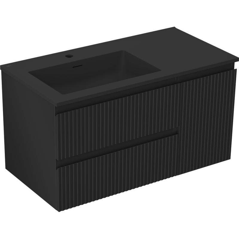 Mexen Rivel meuble de salle de bain 90 cm avec lavabo Otis gauche, 2S, 1D, rainuré, noir mat - 91A23-09047-3-BBFFF71-W18L71