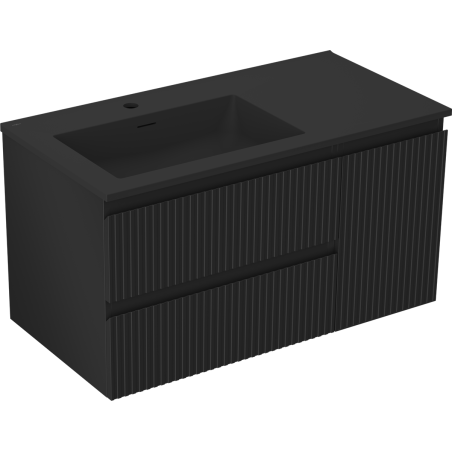Mexen Rivel meuble de salle de bain 90 cm avec lavabo Otis gauche, 2S, 1D, rainuré, noir mat - 91A23-09047-3-BBFFF71-W18L71