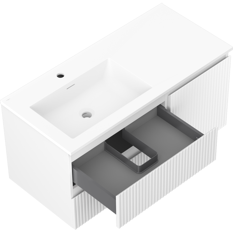 Mexen Rivel meuble de salle de bain 100 cm avec lavabo Otis gauche, 2T, 1P, rainuré, blanc mat - 91A23-10047-3-BBFFF01-W18L01