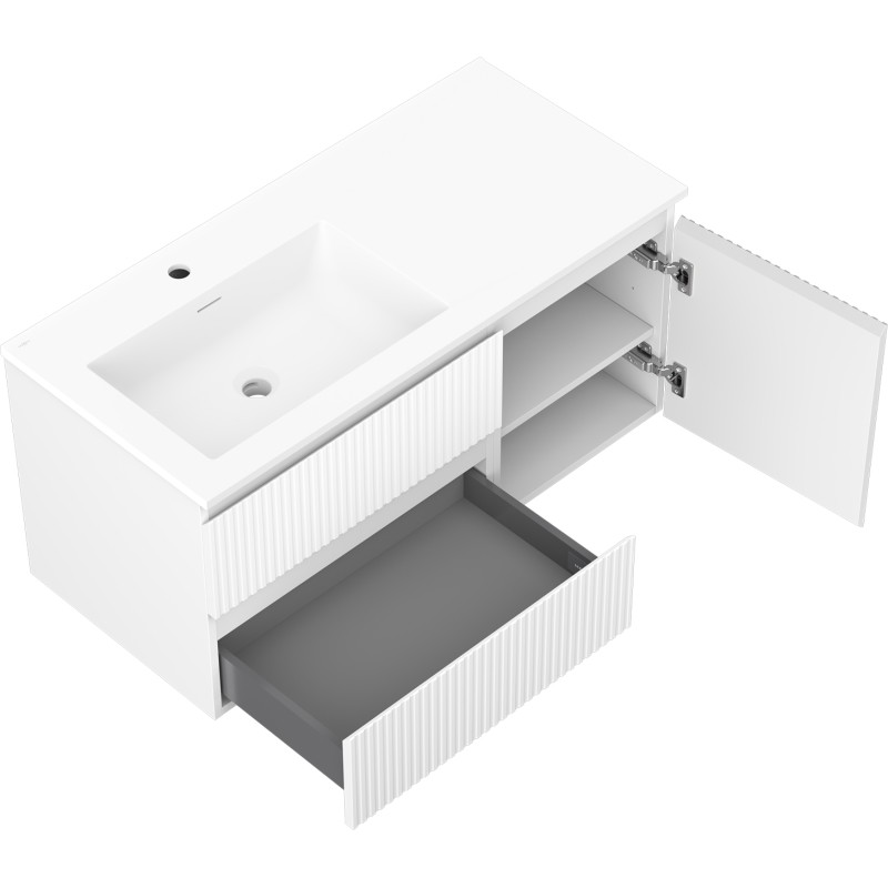 Mexen Rivel armoire de salle de bain 100 cm avec lavabo Otis à gauche, 2S, 1D, rainurée, blanc mat
