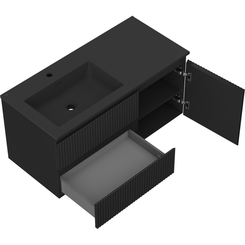 Mexen Rivel meuble de salle de bain 100 cm avec lavabo Otis gauche, 2S, 1D, rainuré, noir mat - 91A23-10047-3-BBFFF71-W18L71