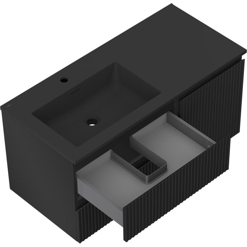 Mexen Rivel armoire de salle de bain de 100 cm avec lavabo Otis gauche, 2 tiroirs, 1 porte, rainuré, noir mat