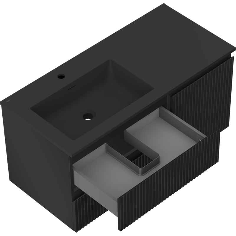 Mexen Rivel meuble de salle de bain 100 cm avec lavabo Otis gauche, 2S, 1D, rainuré, noir mat - 91A23-10047-3-BBFFF71-W18L71
