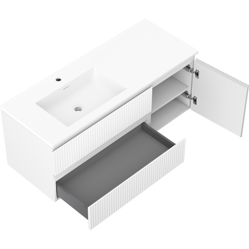 Mexen Rivel meuble de salle de bain 120 cm avec lavabo Otis gauche, 2T, 1P, rainuré, blanc mat - 91A23-12047-3-BBFFF01-W18L01