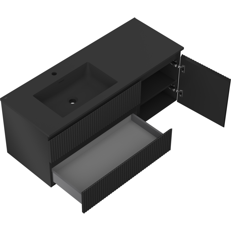 Mexen Rivel meuble de salle de bain 120 cm avec lavabo Otis à gauche, 2S, 1D, rainuré, noir mat - 91A23-12047-3-BBFFF71-W18L71