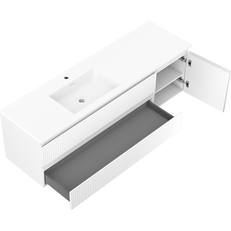 Mexen Rivel meuble de salle de bain 160 cm avec lavabo Otis gauche, 2S, 1D, rainuré, blanc mat - 91A23-16047-3-BBFFF01-W18L01