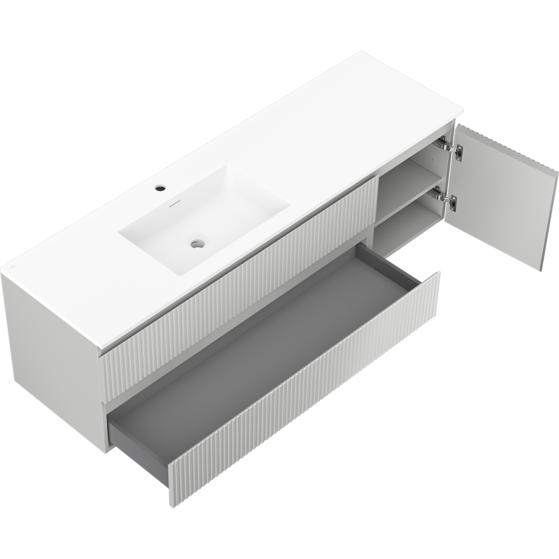 Mexen Rivel armoire de salle de bain 160 cm avec lavabo Otis gauche, 2S, 1D, cannelée, gris mat/blanc mat