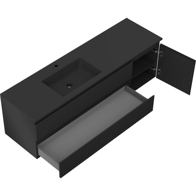 Mexen Rivel armoire de salle de bain 160 cm avec lavabo Otis gauche, 2S, 1D, rainuré, noir mat - 91A23-16047-3-BBFFF71-W18L71