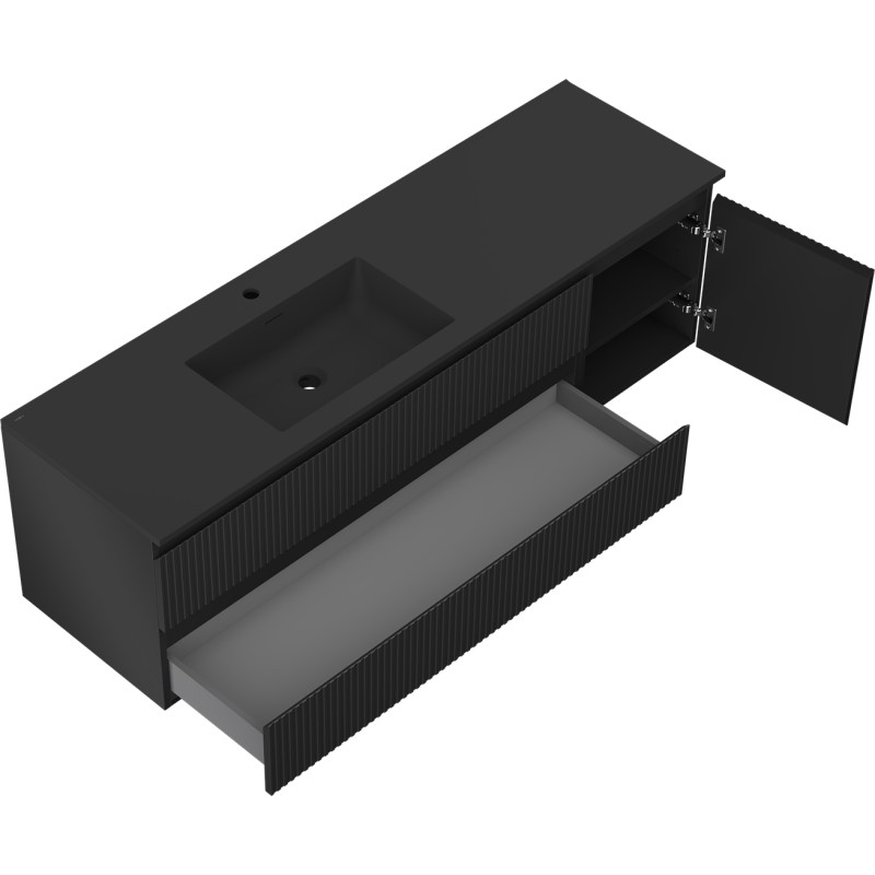 Mexen Rivel armoire de salle de bain 160 cm avec lavabo Otis gauche, 2S, 1D, rainurée, noir mat - 91A23-16047-3-BBFFF71-W18L71