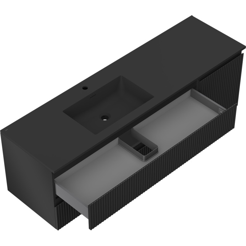 Mexen Rivel armoire de salle de bain 160 cm avec lavabo Otis gauche, 2S, 1D, rainurée, noir mat - 91A23-16047-3-BBFFF71-W18L71