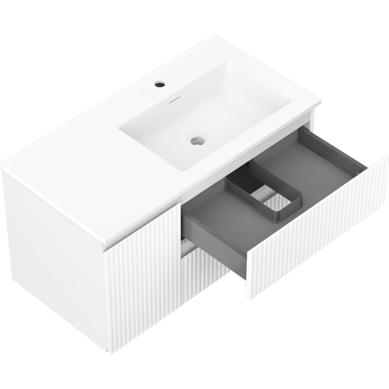 Mexen Rivel armoire de salle de bain 90 cm avec lavabo Otis à droite, 2S, 1D, rainurée, blanc mat