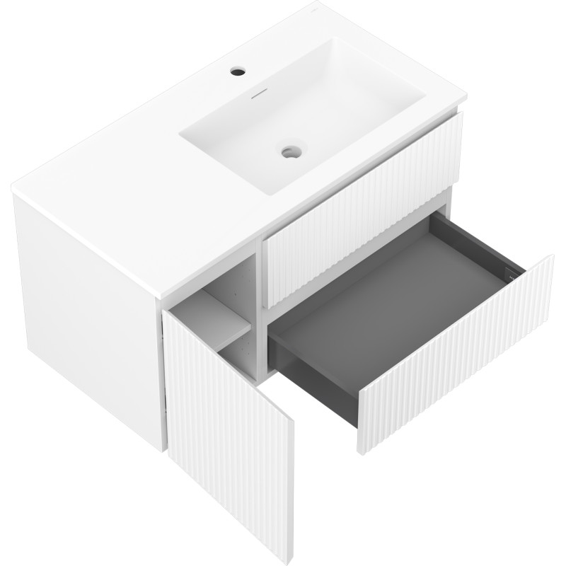 Mexen Rivel armoire de salle de bain 90 cm avec lavabo Otis à droite, 2S, 1D, rainurée, blanc mat