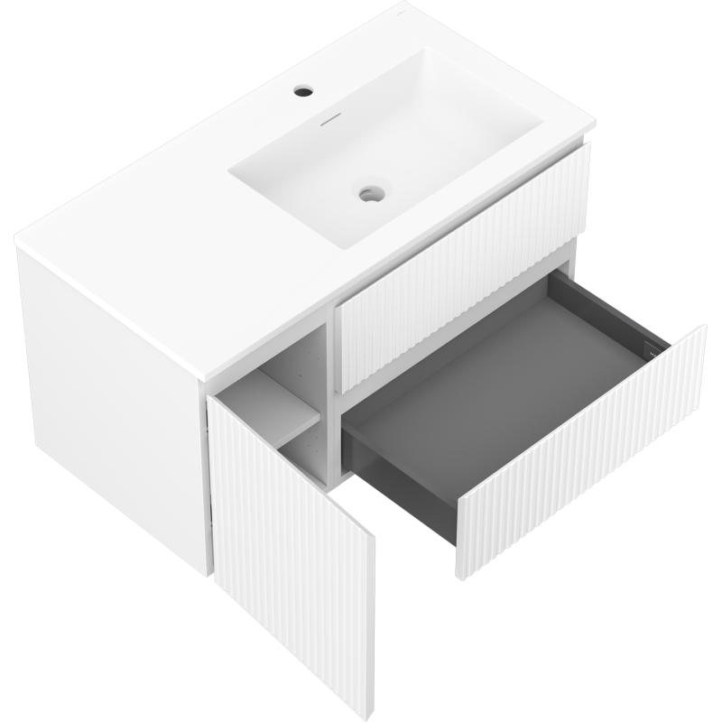 Mexen Rivel meuble de salle de bain 90 cm avec lavabo Otis à droite, 2S, 1D, rainuré, blanc mat - 91A23-09047-3-BBFFF01-W18P01